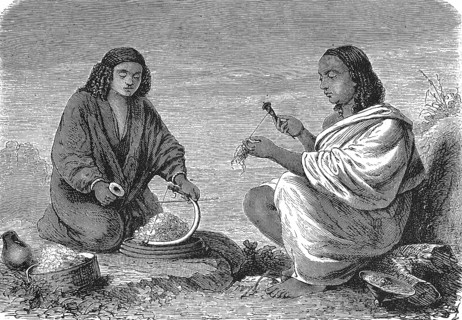 Abyssinia, a woman from Galla and a woman from Gondar spinning wool, 1869, Ethiopia, Historic,
