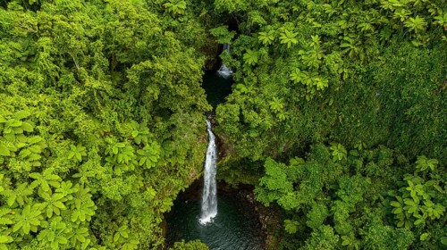 Aerial of the Tavoro Falls, Bouma National Park, Taveuni, Fiji, South Pacific, Oceania