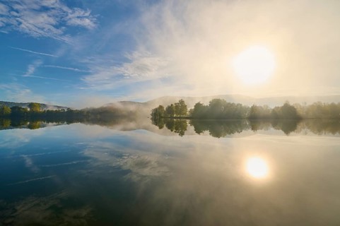 Lake, reflection, sky, clouds, fog, sunrise, autumn, Freudenberg, Odenwald, Baden-Württemberg,
