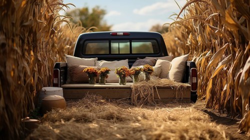 Vintage truck bed filled with fall themed decorations and pillows, generative AI