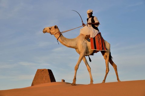 Man riding a dromedar in front of a pyramid of the northern cemetery of Meroe, Nubia, Nahr an-Nil,