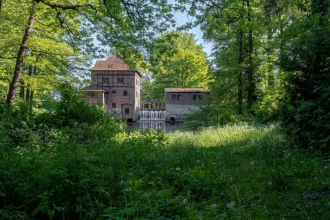 Brüningmühle, old water mill on the Vechte, Schöppingen, North Rhine-Westphalia, Germany, Europe