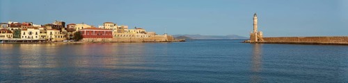 Panorama shot, Venetian old town, Venetian harbour, Venetian lighthouse, calm sea, blue sea,