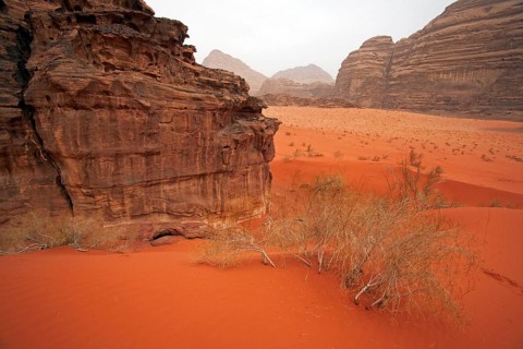 Eroded sandstone rock formation in the Wadi Rum desert, The Valley of the Moon in southern Jordan