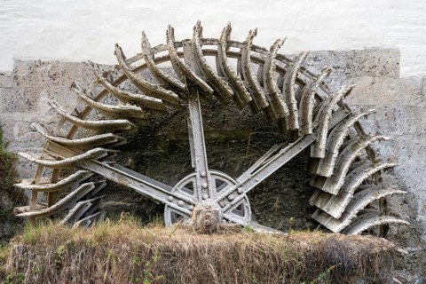 Weathered mill wheel of the former monastery mill in Bad Urach, Reutlingen district,