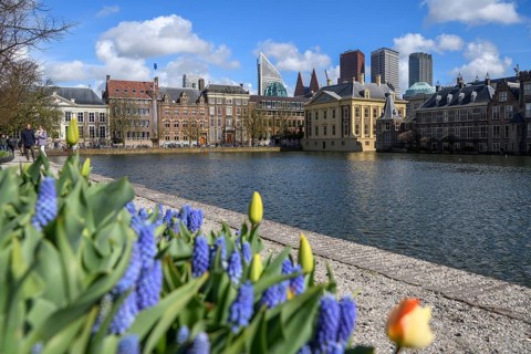 Museum Mauritshuis at the Hofvijver, Hofweiher, in the background the modern skyline, The Hague,