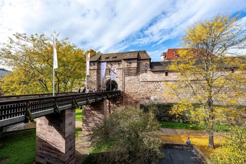 Bridge at Frauentor, Old City Wall at Handwerkerhof, in autumn, Nuremberg, Middle Franconia,