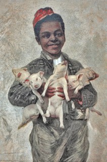 Negro boy with piglets for good luck. Art supplement in the Zur Guten Stunde 1897, after a painting