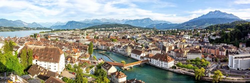 Lucerne city on the river Reuss with Spreuerbrücke and Lake Lucerne panoramic view from above in