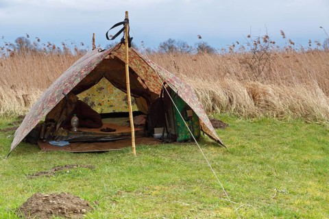 Campsite of a nature photographer on the river Trebel, people out in nature, Peene Valley River