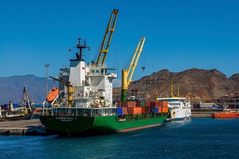 Cargo ship in harbor. San Vincente. Mindelo. Cabo Verde. Africa