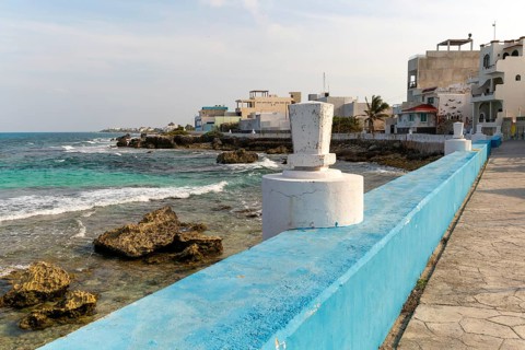 Coastal promenade walkway on east coast of Isla Mujeres, Caribbean Coast, Cancun, Quintana Roo,