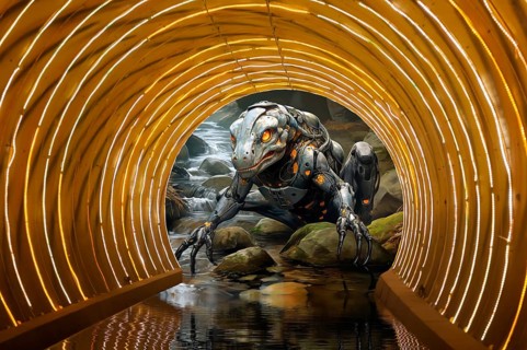 Giant salamander entering a flooded tunnel, AI generated