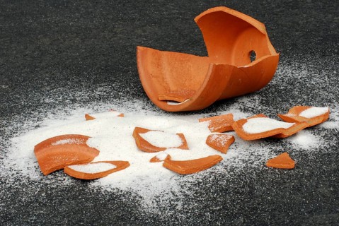 Broken pieces of clay pot and fine sand, clay flower pot