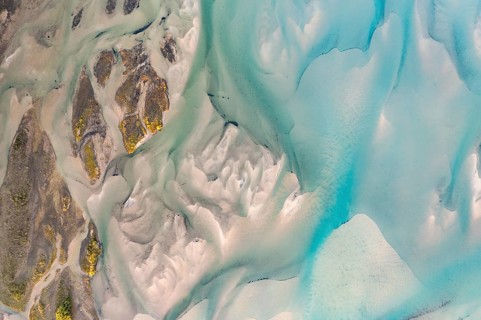 Aerial view, river delta with islands, river Glomåga, Mo i Rana, Norway, Europe