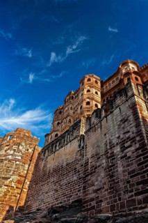 Mehrangarh fort famous indian tourist landmark view from below. Jodhpur, Rajashtan, India, Asia