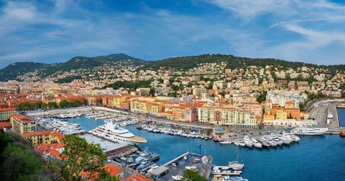 Panorama of Old Port of Nice with luxury yacht boats from Castle Hill, France,
