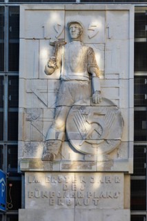 A relief, erected to mark the first five-year plan in the GDR on the former cold store, which was