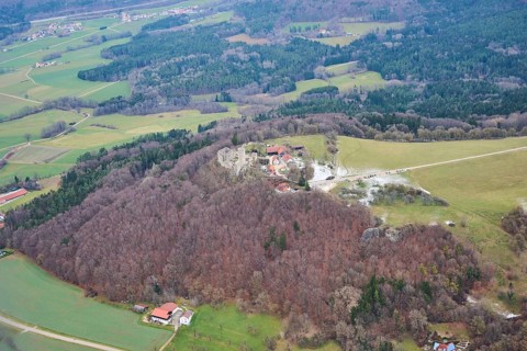 Aerial view of the area around Neumarkt and the castle ruins of Wolfstein, Upper Palatinate,