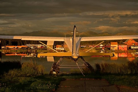 Seaplane airport overlooking Chugach mountain range, Lake Hood, Anchorage, Alaska, USA, North