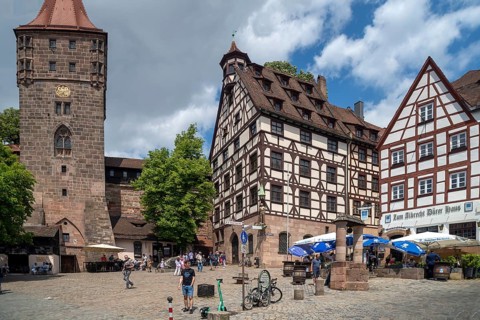 Historic Tiergärtnertorplatz with the Pilatus House and the Neutorturm, Nuremberg, Central