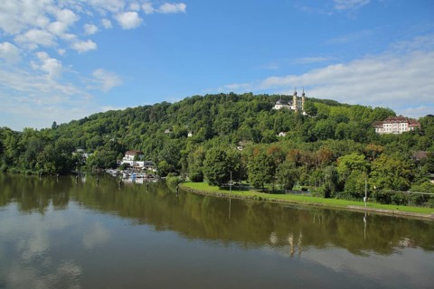 View of the Käppele pilgrimage church built by Balthasar Neumann and reflection in the Main River,