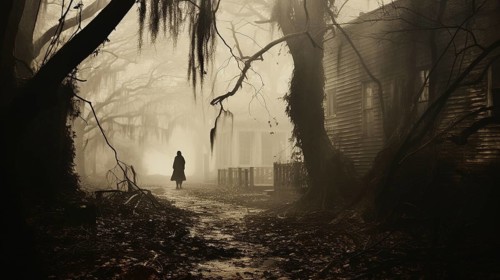 Ghostly figure silhouette standing or walking amidst the spooky halloween fog outside, generative