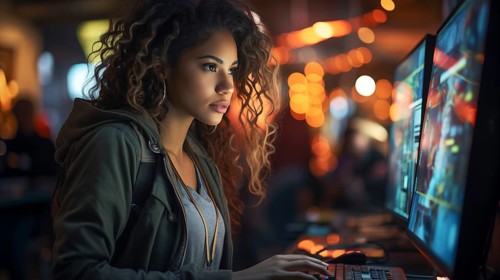 Busy young african american girl working on a computer in an office setting. generative AI