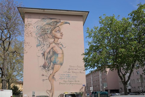 Mural My Superhero Power is Forgiveness by Herakut 2013, figure, eagle figure, graffiti, street
