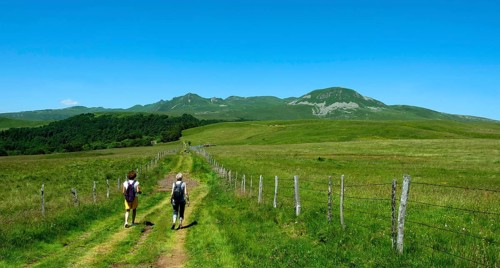 Hikers in Sancy massif, Auvergne Volcanoes Natural Park, Puy de Dome department, Auvergne Rhone