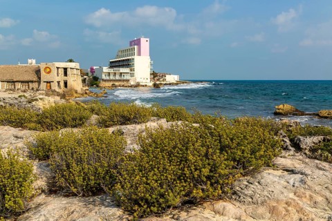 Coastal landscape view to Mia Reef Hotel, Isla Mujeres, Caribbean Coast, Cancun, Quintana Roo,