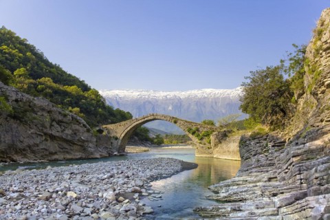 Kadiut bridge, arch bridge near Bënjë, Benja, over the wild river Lengarica, landscape near Bënjë