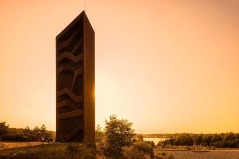 The Rusty Nail, a 30m high observation tower on the Sorno Canal, built of Corten steel. The name