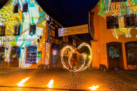 Midsummer Night's Dreams Projections by Claudia Reh, fire artist Vivi Sol enchants with her flames