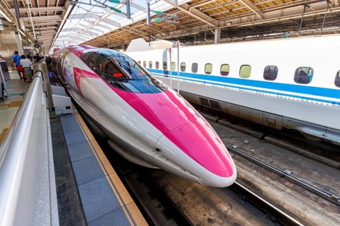 Shinkansen Hello Kitty train type 500 high-speed train of Japan Rail JR West at Shin-Kobe station