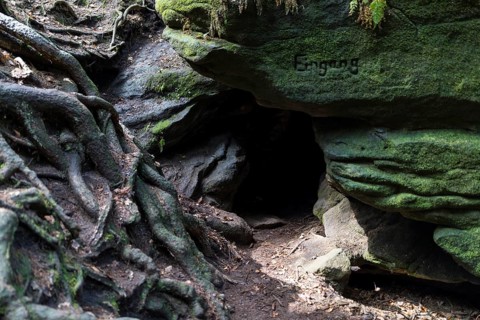 Entrance to the Herring Cave in Teufelsgrund near Wehlen, Saxon Switzerland, Saxony, Germany,