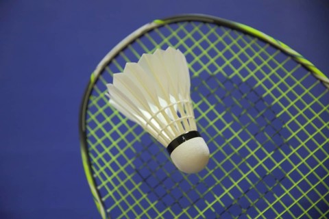 Badminton racket with shuttlecock, sport, badminton, sports equipment, racket, blue, white, studio