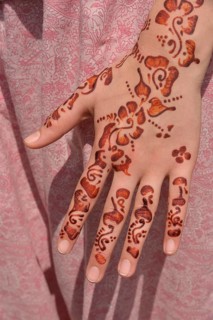 Henna tattoos or mehndi tattoos on a woman's hand, Marrakesh, Marrakesh-Tensift-El Haouz region,