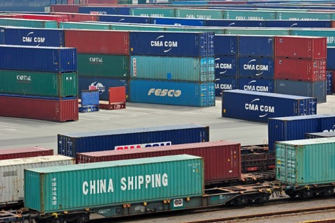 Stacked containers in the container terminal in the port of Zeebrugge, Belgium, Europe