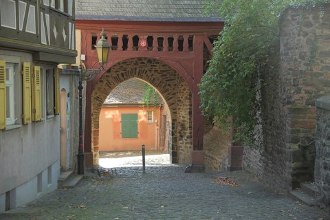 Historic customs gate at Schlossplatz, archway, city fortification, Höchst, Main, Frankfurt, Hesse,