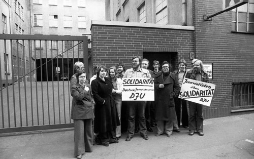 The strike of the printers in collective bargaining dispute on 7.5.1976 in Dortmund.Solidarity