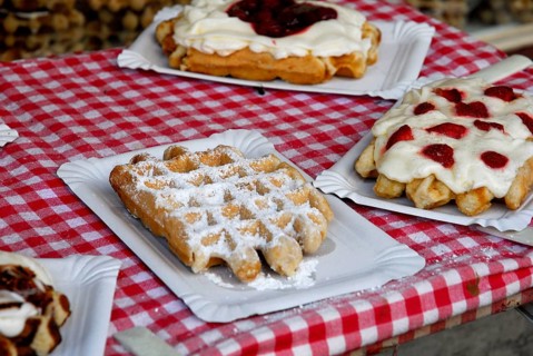 Belgian waffles on paper plate, Belgium, Europe