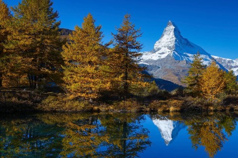 Matterhorn and Lake Grindji, Valais, Switzerland, Europe
