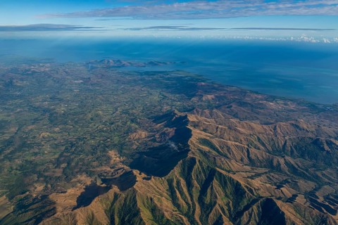 Aerial of the volcanic landscape, Viti Levu, Fiji, South Pacific, Oceania