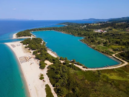Aerial view, lagoon, beach and harbour, Glarokavos, Pallini, Kassandra Peninsula, Chalkidiki,