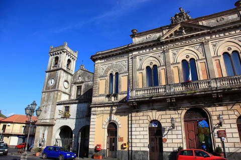 Town of Linguaglossa, the town hall and the church Chiesa di San Francesco di Paola, Sicily, Italy,