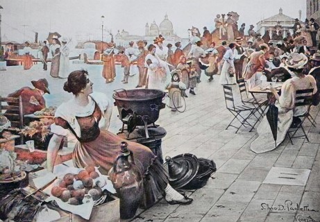 Market and street café on the riva degli schiavoni in Venice, 1880, Italy, Historical, digitally