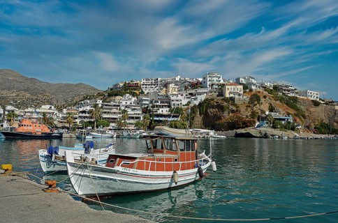 Fishing boats overlooking Agia Galini, Crete, Greece, Europe
