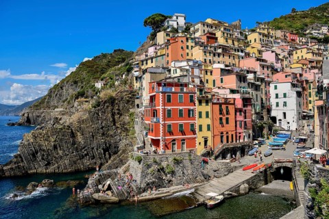 Fishing village of Riomaggiore, village view, Cinque Terre, province of La Spezia, Liguria, Italy,