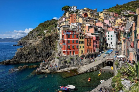 Fishing village of Riomaggiore, village view, Cinque Terre, province of La Spezia, Liguria, Italy,